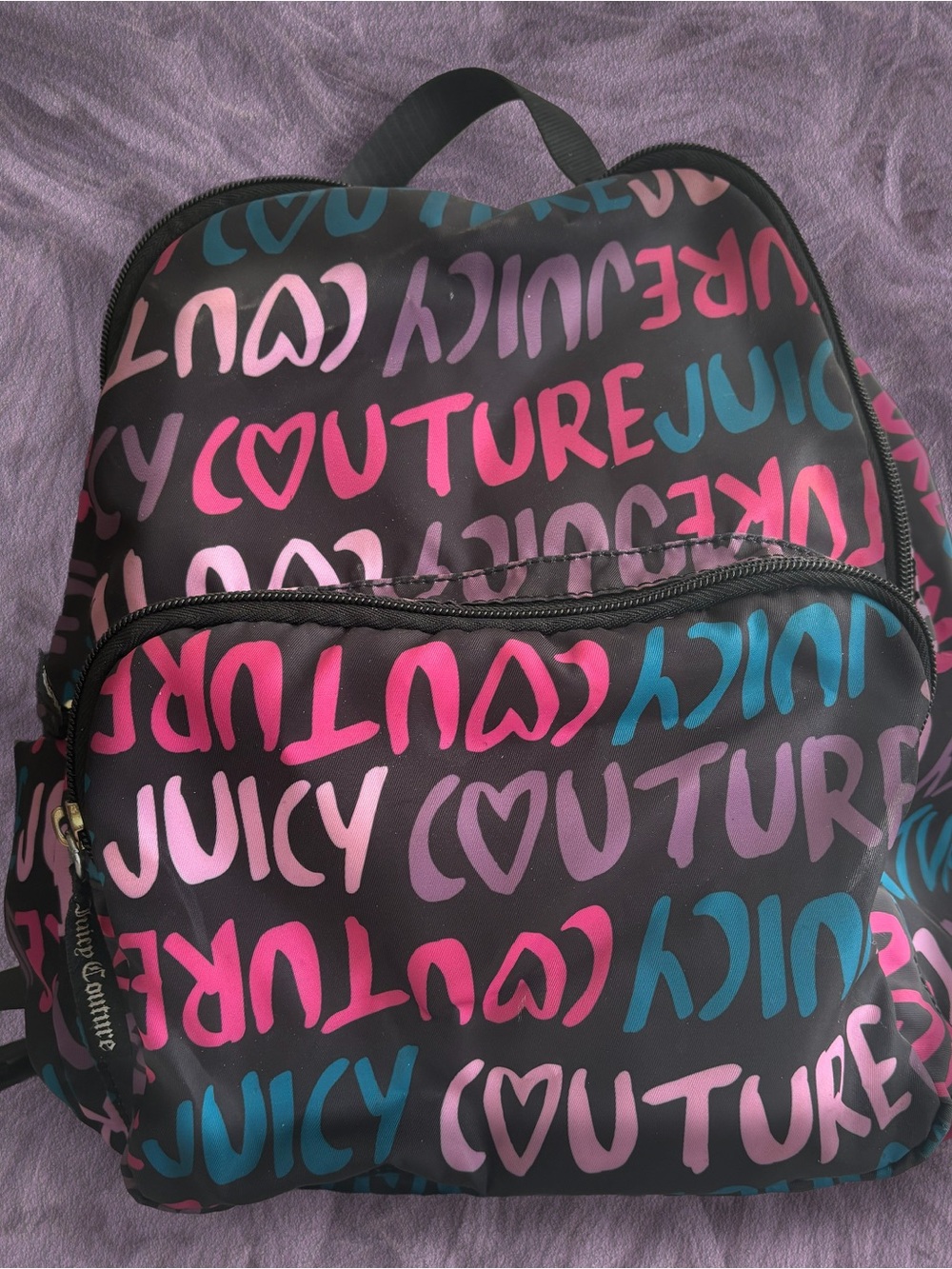 Juicy Couture Black Backpack with Pink & Blue Logo Print
